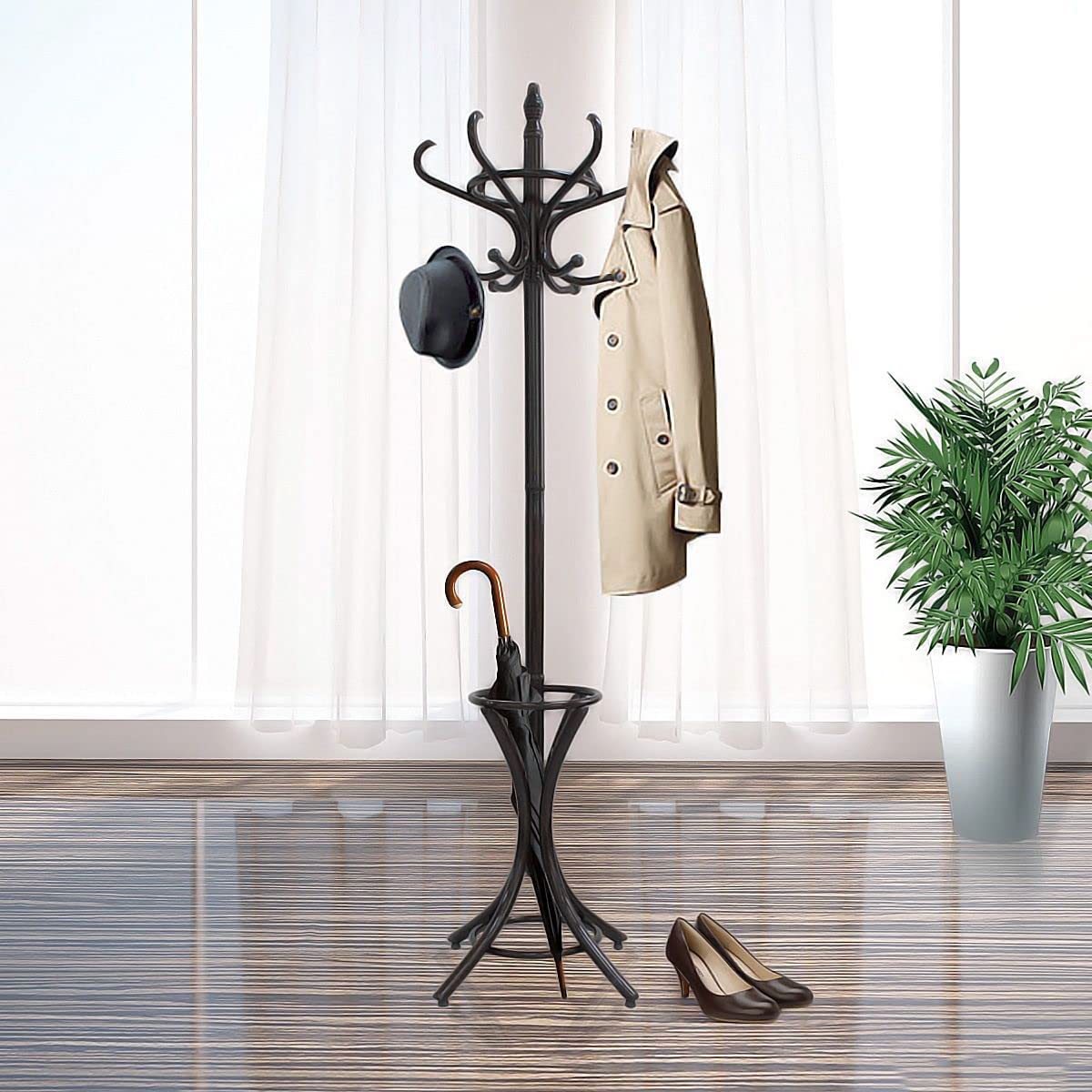 V178-93909-202504301100-00 Brown Coat Rack with Stand Wooden Hat and 12 Hooks Hanger Walnut tree - Image 1