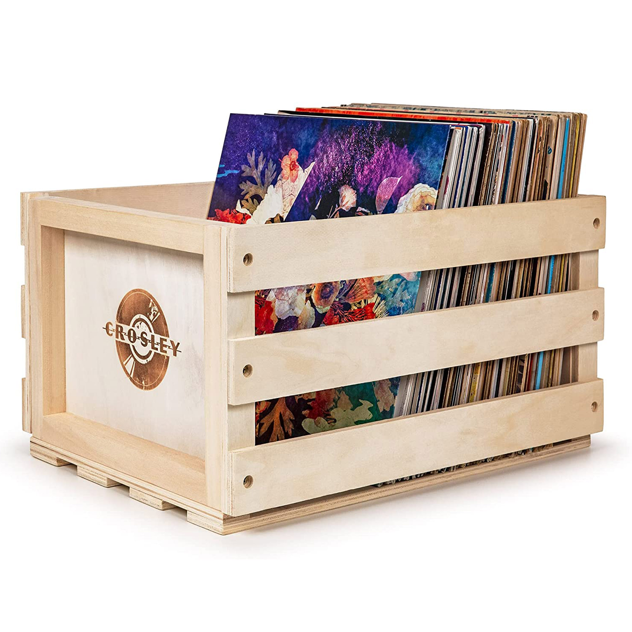 V185-CR1004A-NA-69680-00 Crosley Vinyl LP Record Storage Crate Natural Wood Holds up to 75 - Image 1