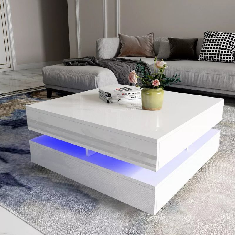 V195-CT013-WH-65287-00 Modern Large High Gloss Coffee Table With LED Lights White - Image 1