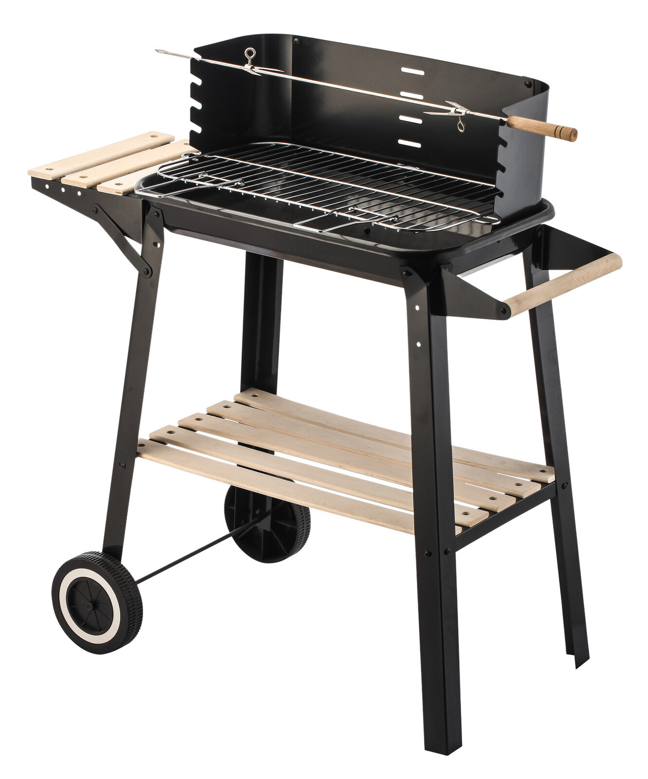 V196-BQ260-223400-00 Charcoal Grill BBQ with Manual Rotisserie Stick on Trolley Stand - Image 1