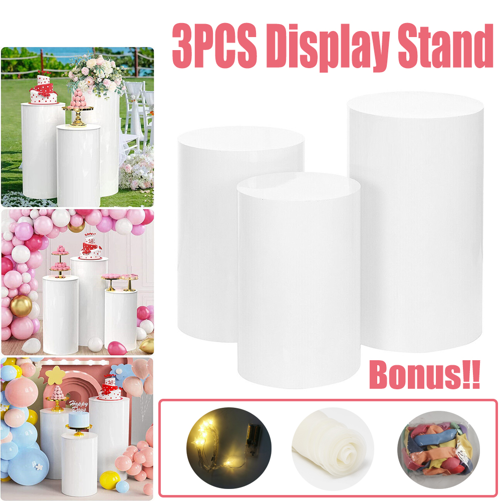 V201-CYL0003WH8AU-84724-00 3PCS Display Stand Round Cylinder Pedestal w/ Balloon Set + LED Strip Wedding AU - Image 1