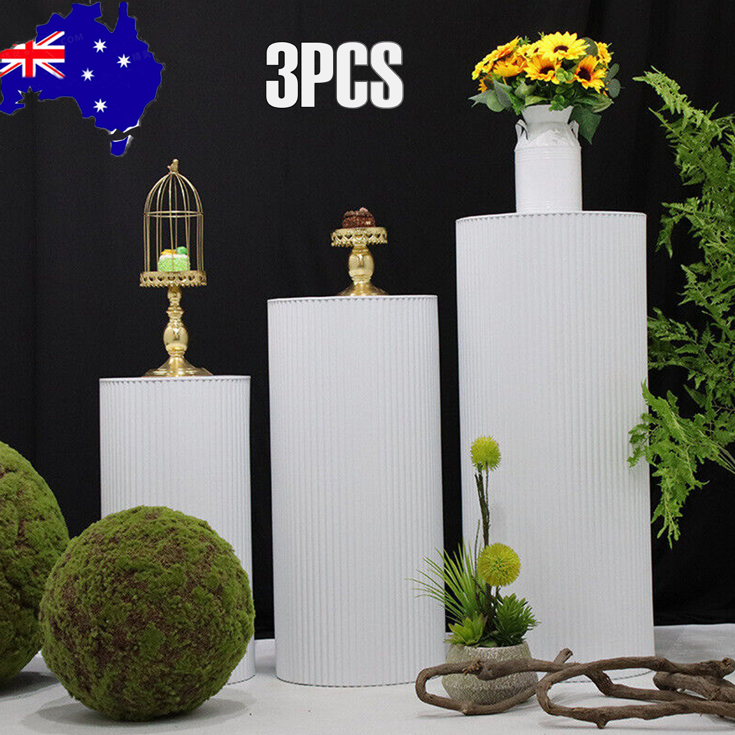 V201-CYL0003WH9AU-202503051040-00 3x Metal Wedding Plinths Cylinder Pedestal Stand Ripple Cake Dessert Display - Image 1
