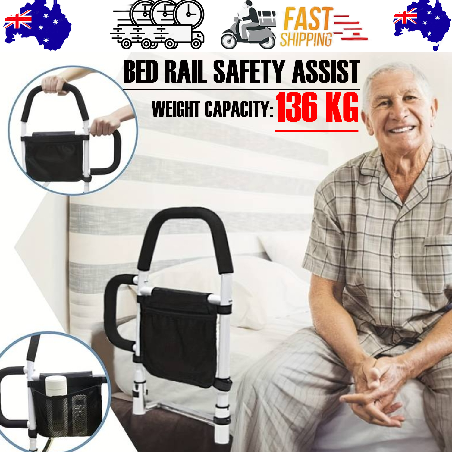 V201-EBA0062BL8AU-202503051040-00 Bed Rail Safety Assist Rail for Elderly Adults with Storage Pocket &Fixing Strap - Image 1