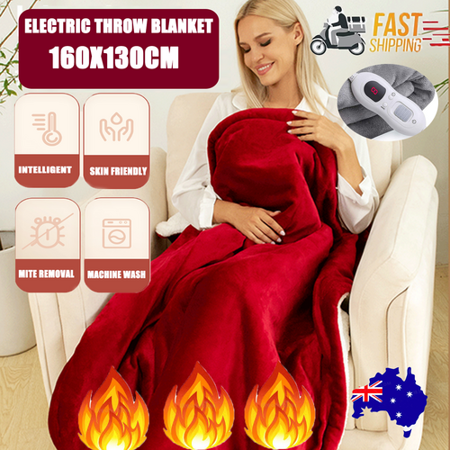 V201-FDZ1316RE8AU-208686-00 Double-side Flannel Heated Electric Throw Rug Blanket Fast Heating Warm Washable RED - Image 1