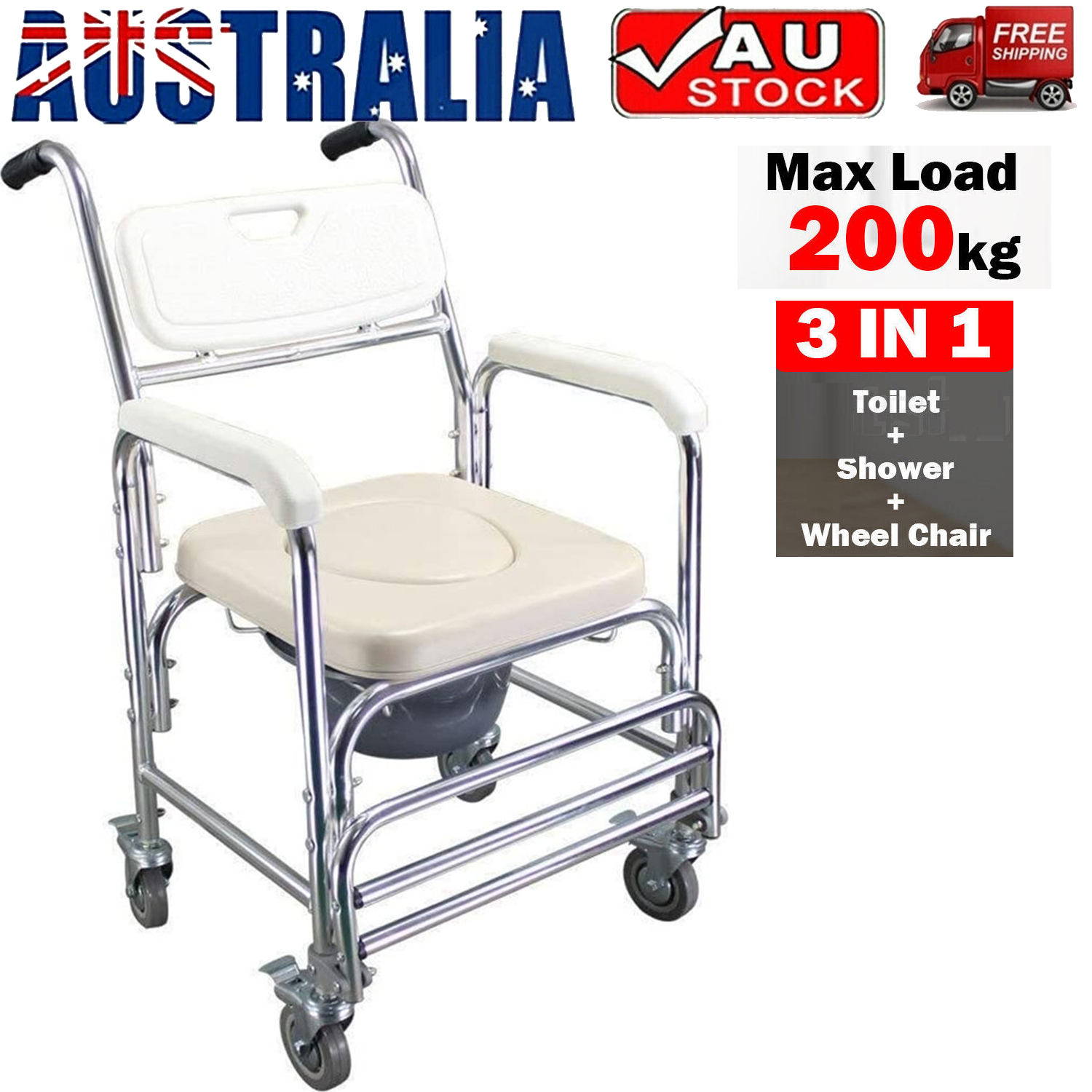 V201-GBA0581WH8AU-84782-00 Mobile Shower Toilet Commode Chair Bathroom Aluminum Bedside Footrest Wheelchair - Image 1