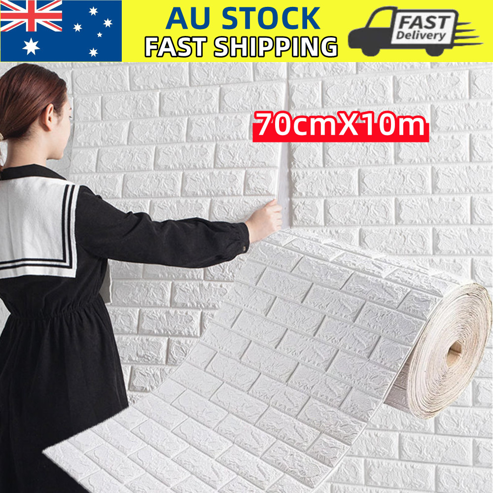 V201-HW01WH-10M-AU-87053-00 70CMx10M 3D Wall Paper Panel Foam Brick Self Adhesive Waterproof Wallpaper Sticker - Image 1
