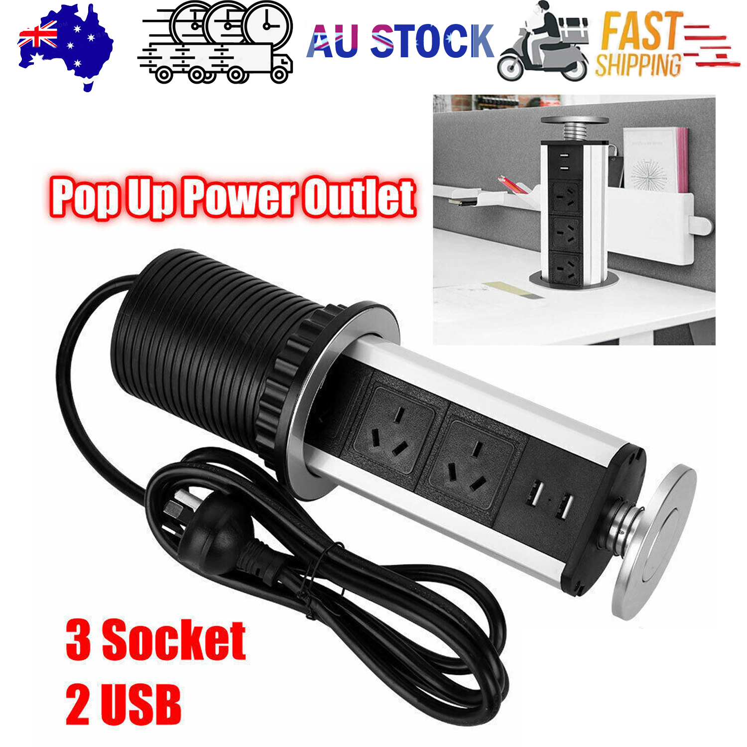 V201-W12466449-202505151833-00 Pop Up Power Point 3 Socket Plug + 2 USB Table Home Kitchen Desk Outlet - Image 1