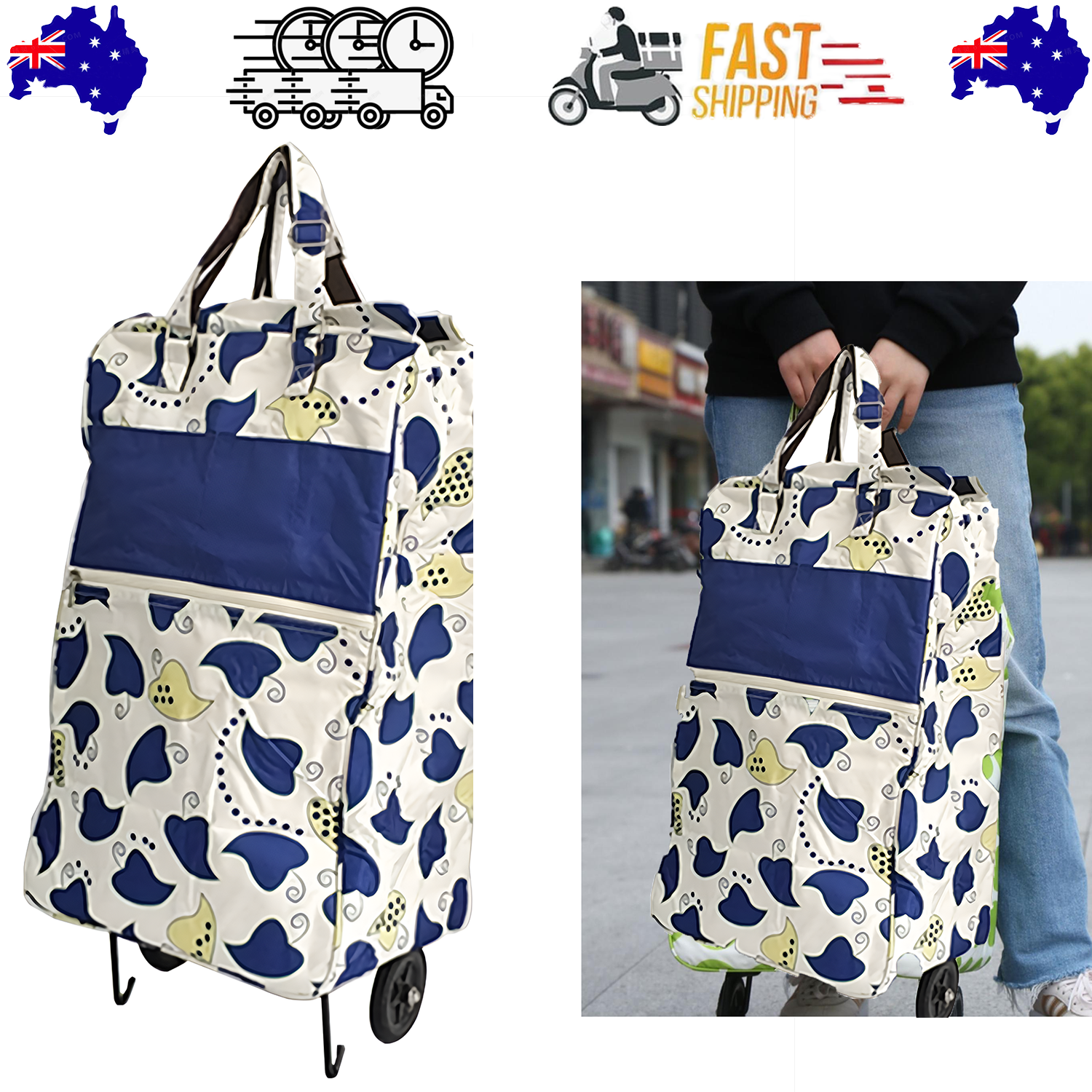 V201-W12583062-202503252020-00 Shopping Trolley Cart Bag Foldable Wheels Carts Bags Market Luggage Basket blue leaves - Image 1