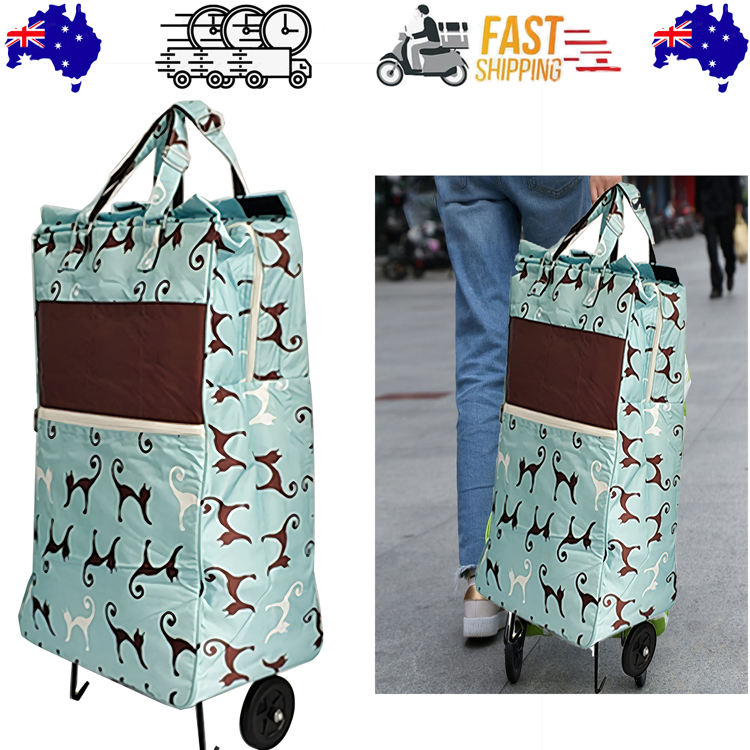 V201-W12583063-202503252020-00 Shopping Trolley Cart Bag Foldable Wheels Carts Bags Market Luggage Basket sky blue cat - Image 1