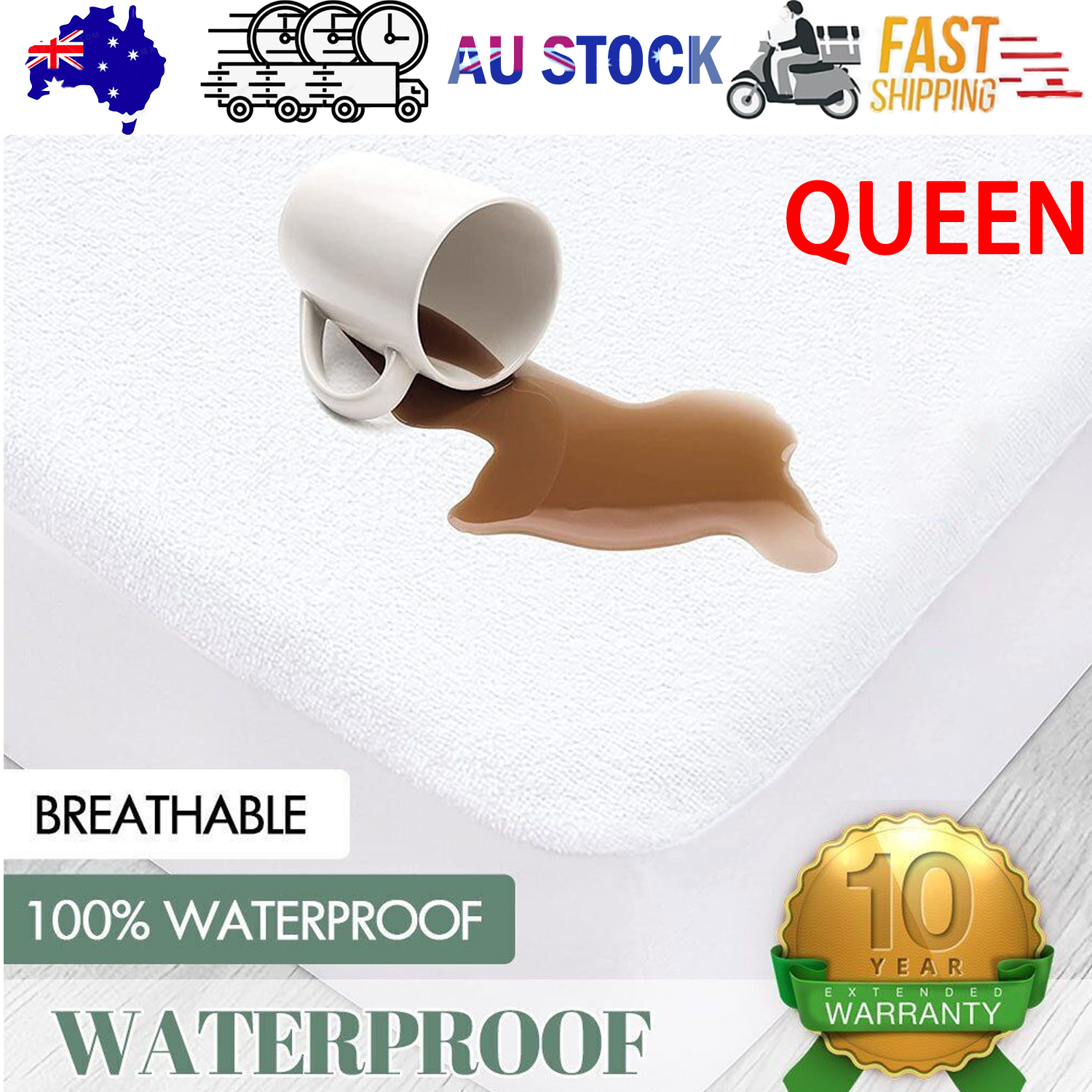 V201-W12850224-202505261635-00 100% Terry Cotton Fitted Mattress Protector Waterproof Queen - Image 1