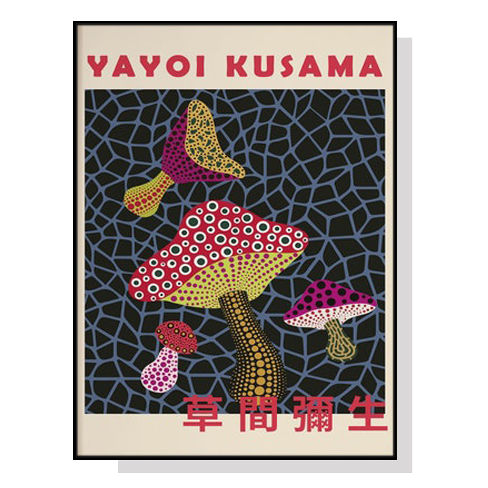 V207-1002_Mushroom-Poster-Yayoi-Kusama-black_1 Wall Art Mushroom By Yayoi Kusama Black Frame Canvas 60cmx90cm - Image 1