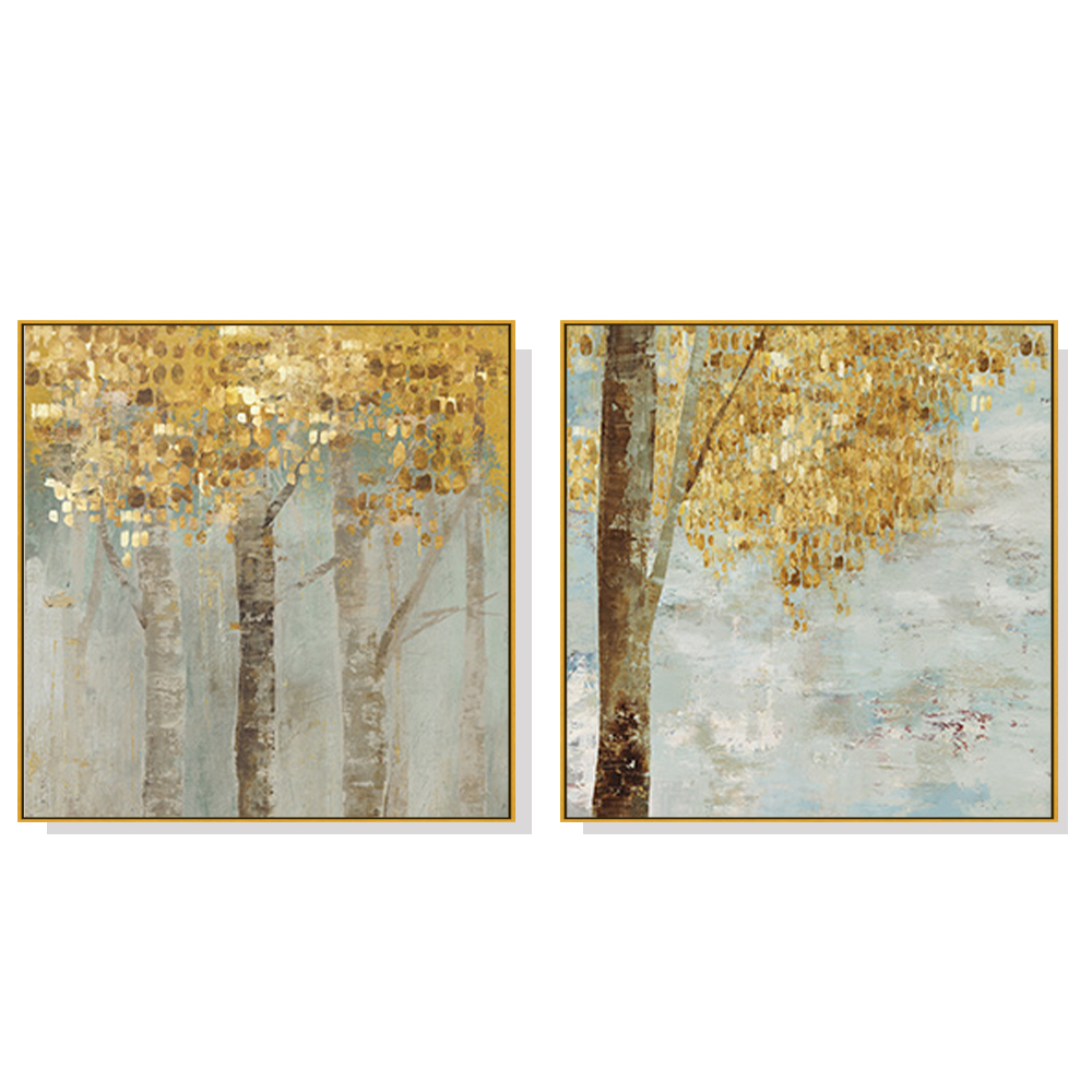 V207-1186_Golden-Leaves-2-sets-gold_1 Wall Art 70cmx70cm Golden Leaves 2 Sets Gold Frame Canvas - Image 1