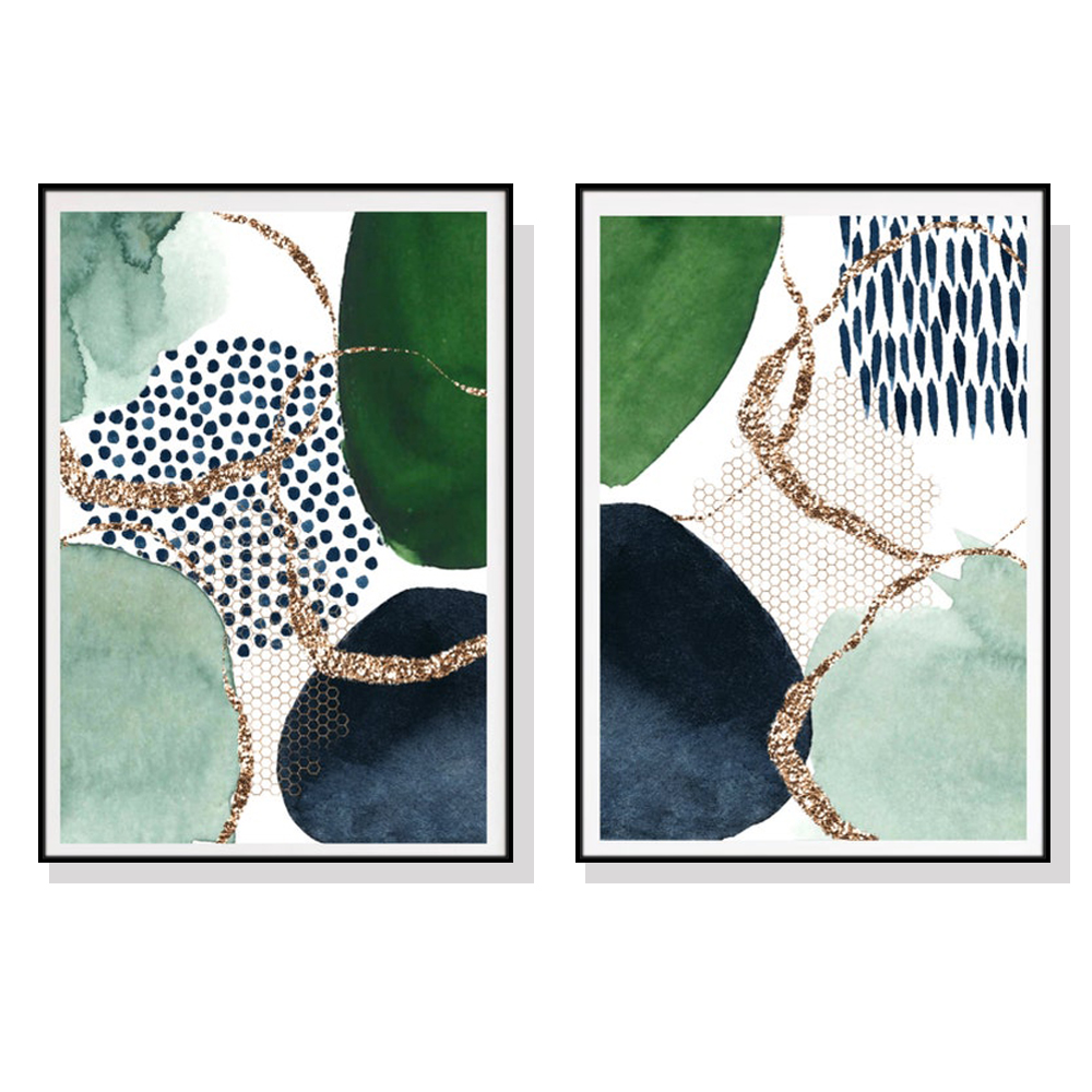 V207-1234_Green-and-Navy-Abstract-black_1 Wall Art 60cmx90cm Abstract Green and Navy 2 Sets Black Frame Canvas - Image 1