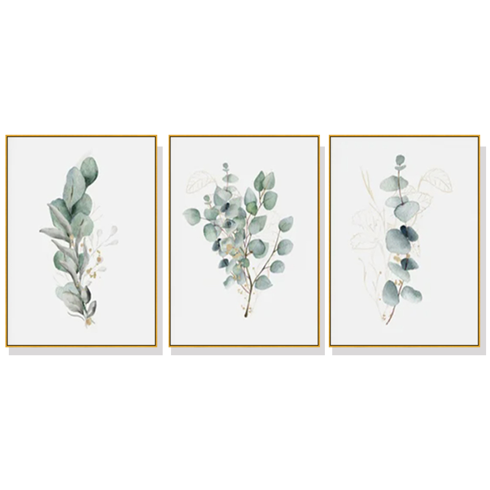 V207-1303-64692-00 Wall Art 60cmx90cm Eucalyptus Plant 3 Sets Gold Frame Canvas - Image 1