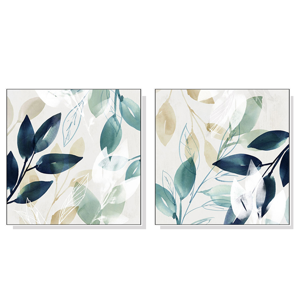 V207-1310-4-146109-00 Wall Art 100cmx100cm Watercolour style leaves 2 Sets White Frame Canvas - Image 1
