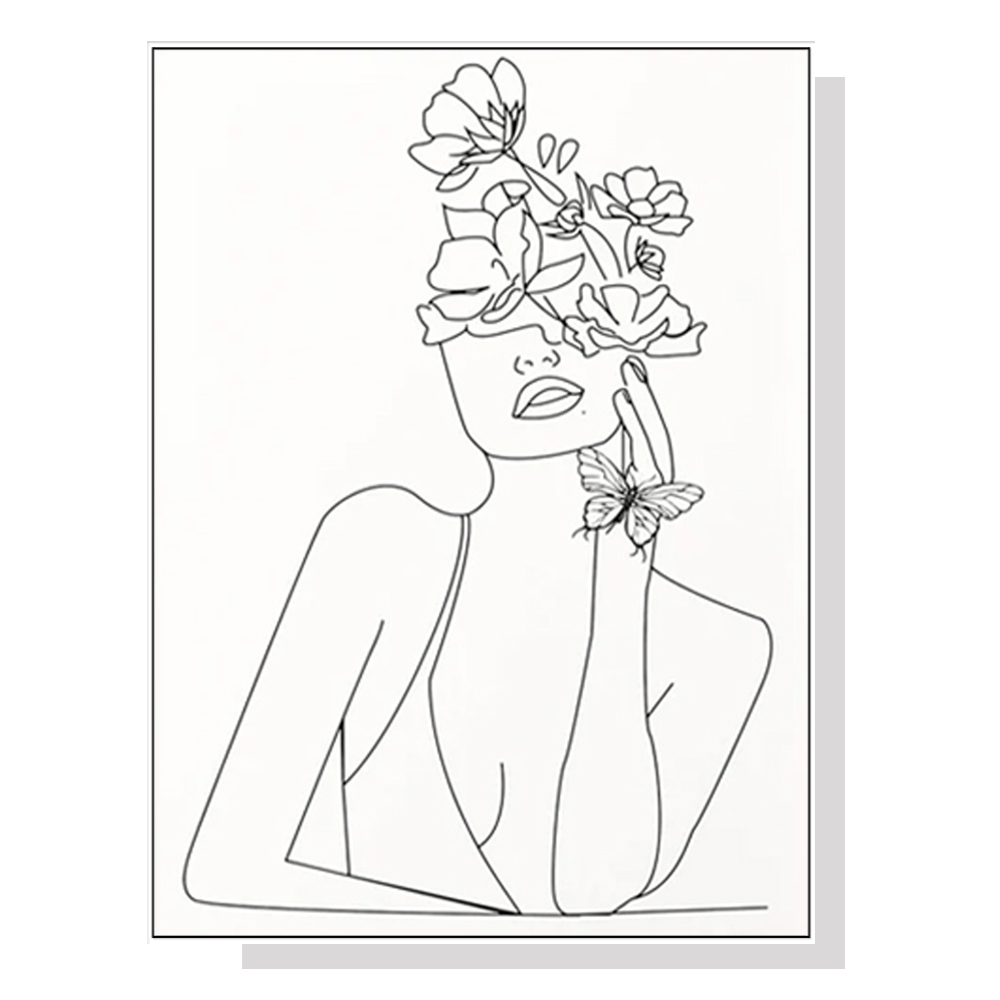 V207-1316-3-146059-00 Wall Art 90cmx135cm Line Art Girl White Frame Canvas - Image 1