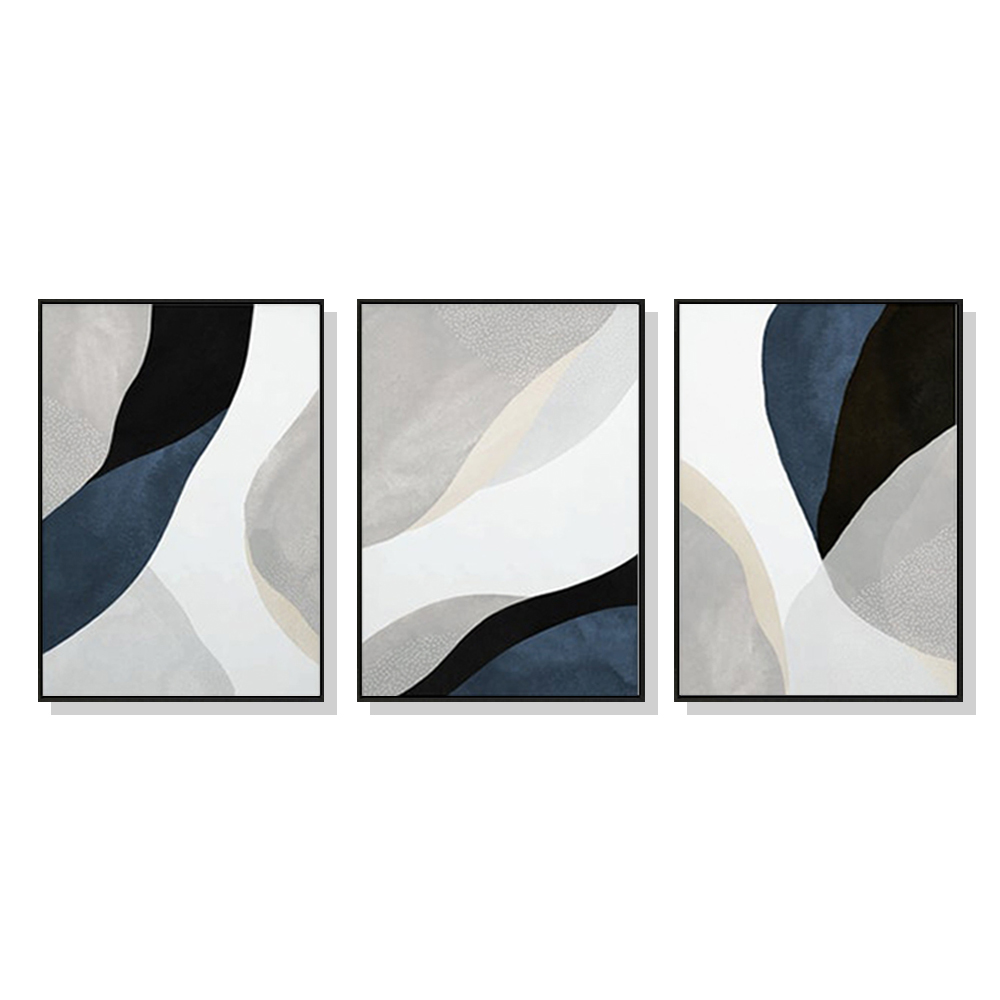 V207-1337-4-146029-00 Wall Art 100cmx150cm Abstract Navy Blue 3 Sets Black Frame Canvas - Image 1