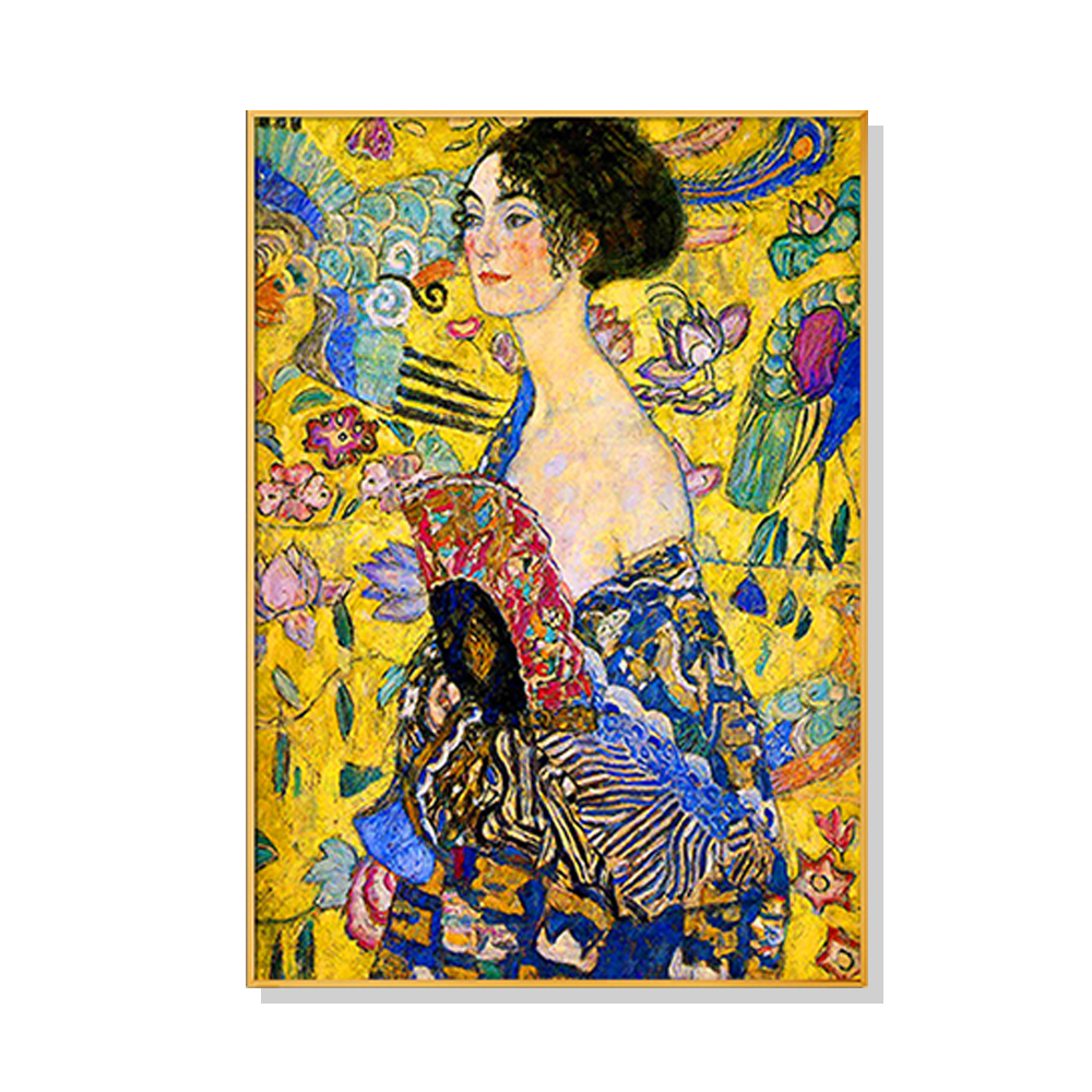 V207-1353-2-145973-00 Wall Art 90cmx135cm Lady With A fan By Klimt Gold Frame Canvas - Image 1
