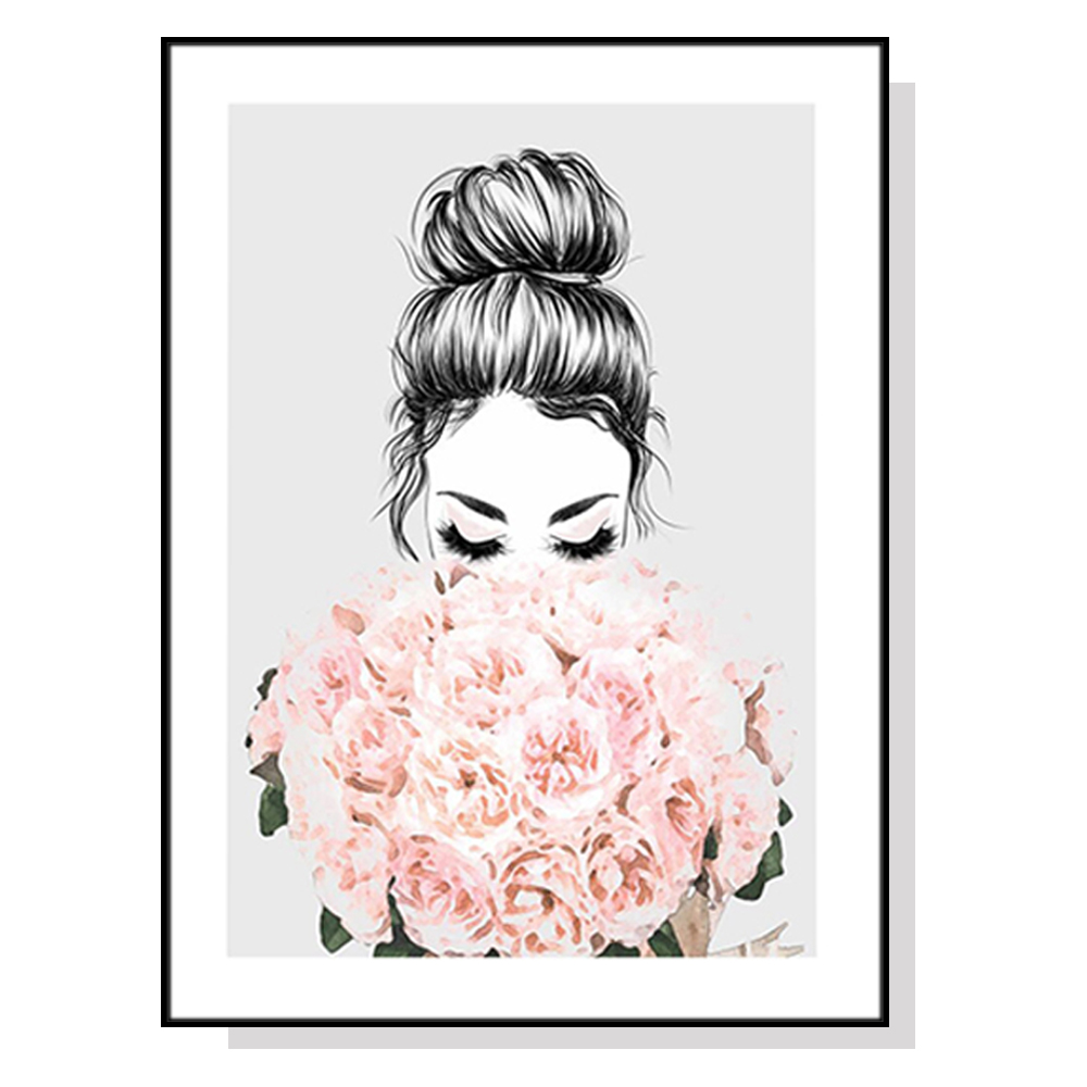 V207-1399-65168-00 Wall Art 50cmx70cm Roses Girl Black Frame Canvas - Image 1