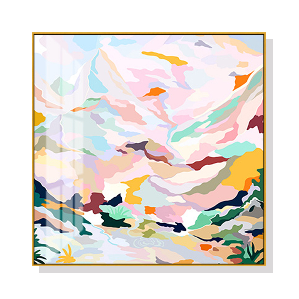 V207-1503-66552-00 Wall Art 60cmx60cm Abstract Pink Mountain Hand Painted Style Gold Frame Canvas - Image 1