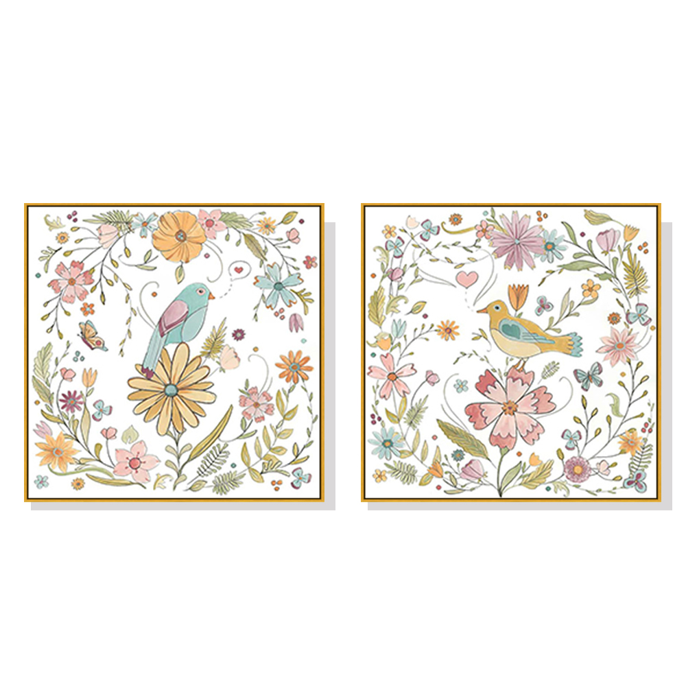 V207-1524-66566-00 Wall Art 60cmx60cm Floral birds 2 Sets Gold Frame Canvas - Image 1