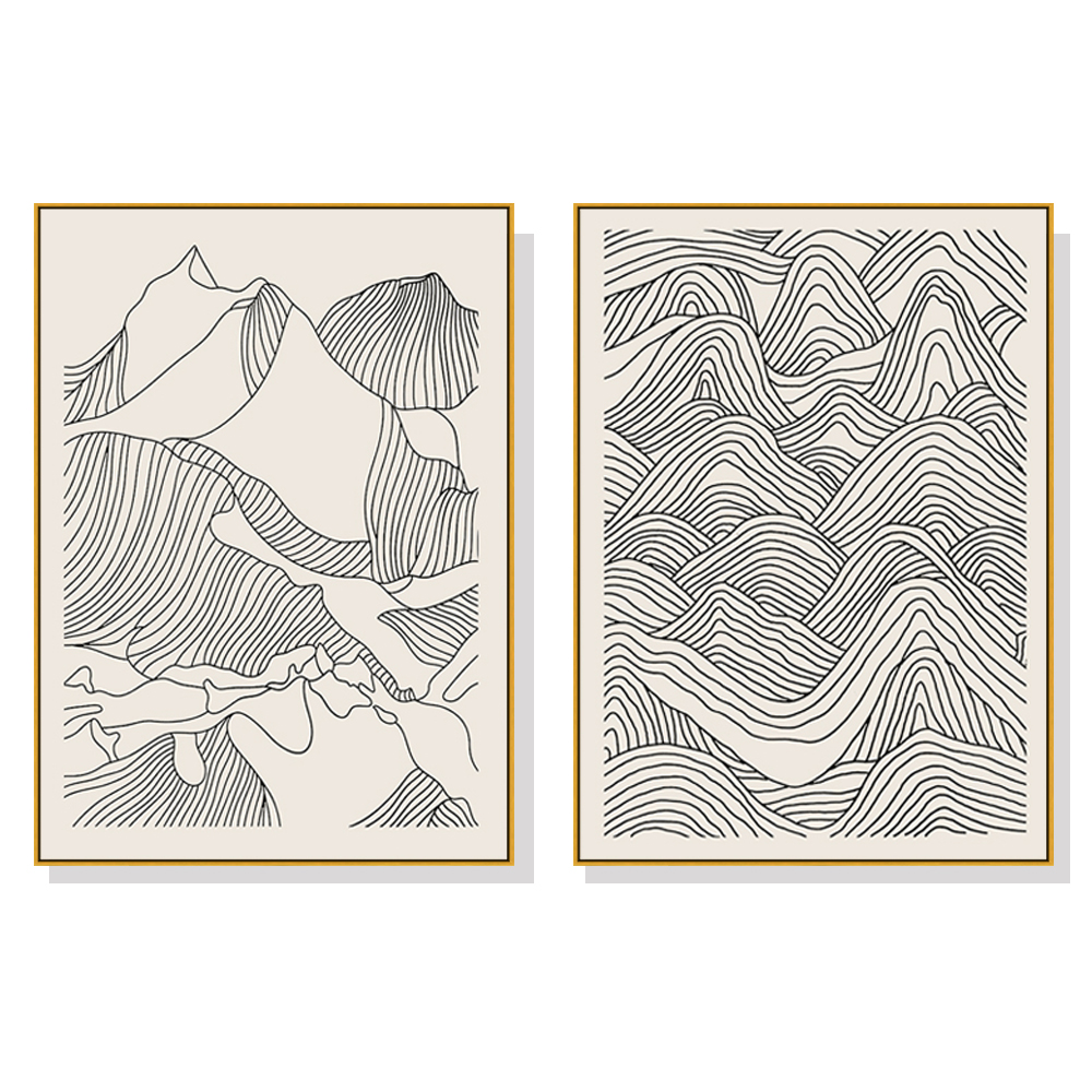V207-1604-67260-00 Wall Art 60cmx90cm Line Art Mountain 2 Sets Gold Frame Canvas - Image 1