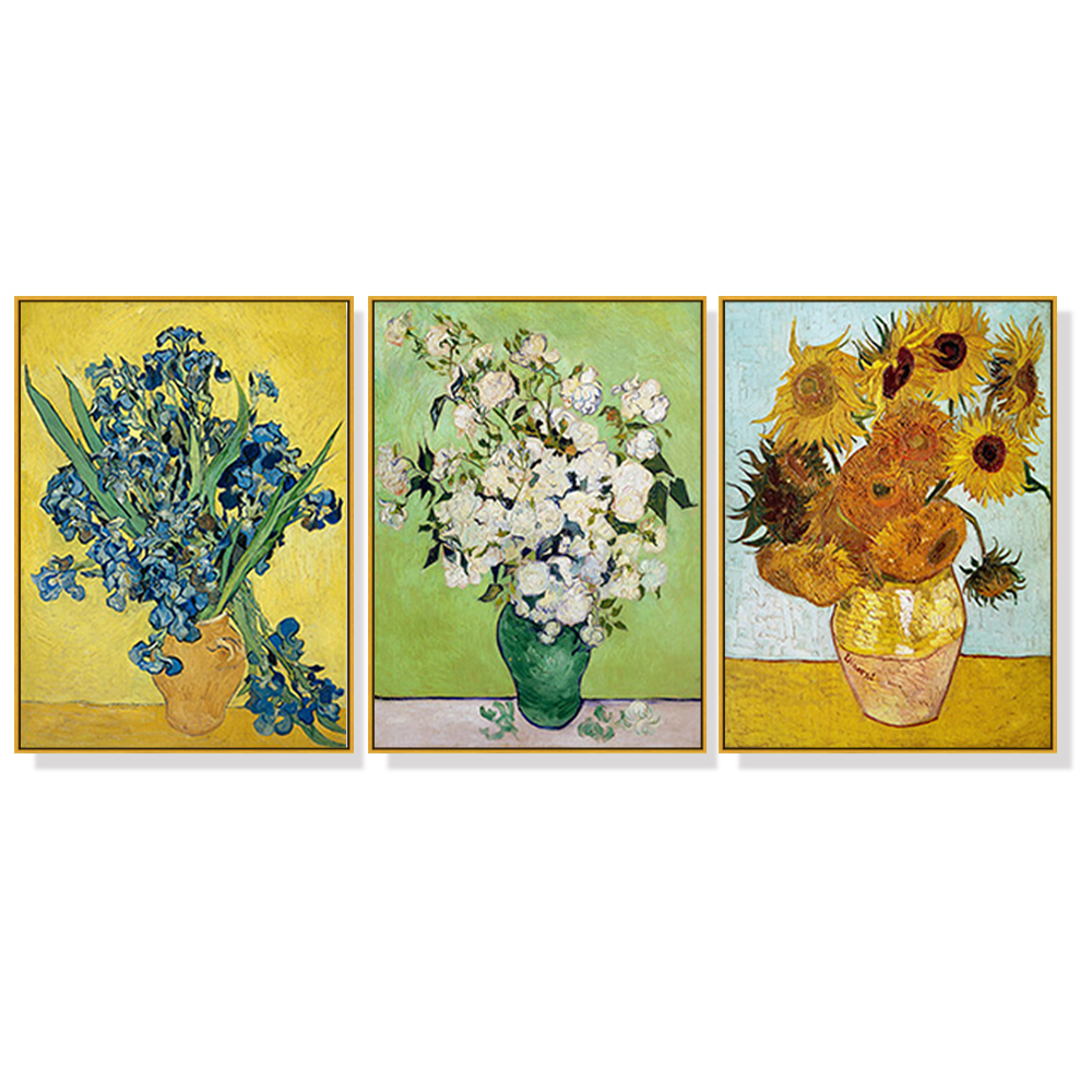 V207-16281-139831-00 Wall Art 70cmx100cm Van Gogh sunflowers Roses 3 Sets Gold Frame Canvas - Image 1
