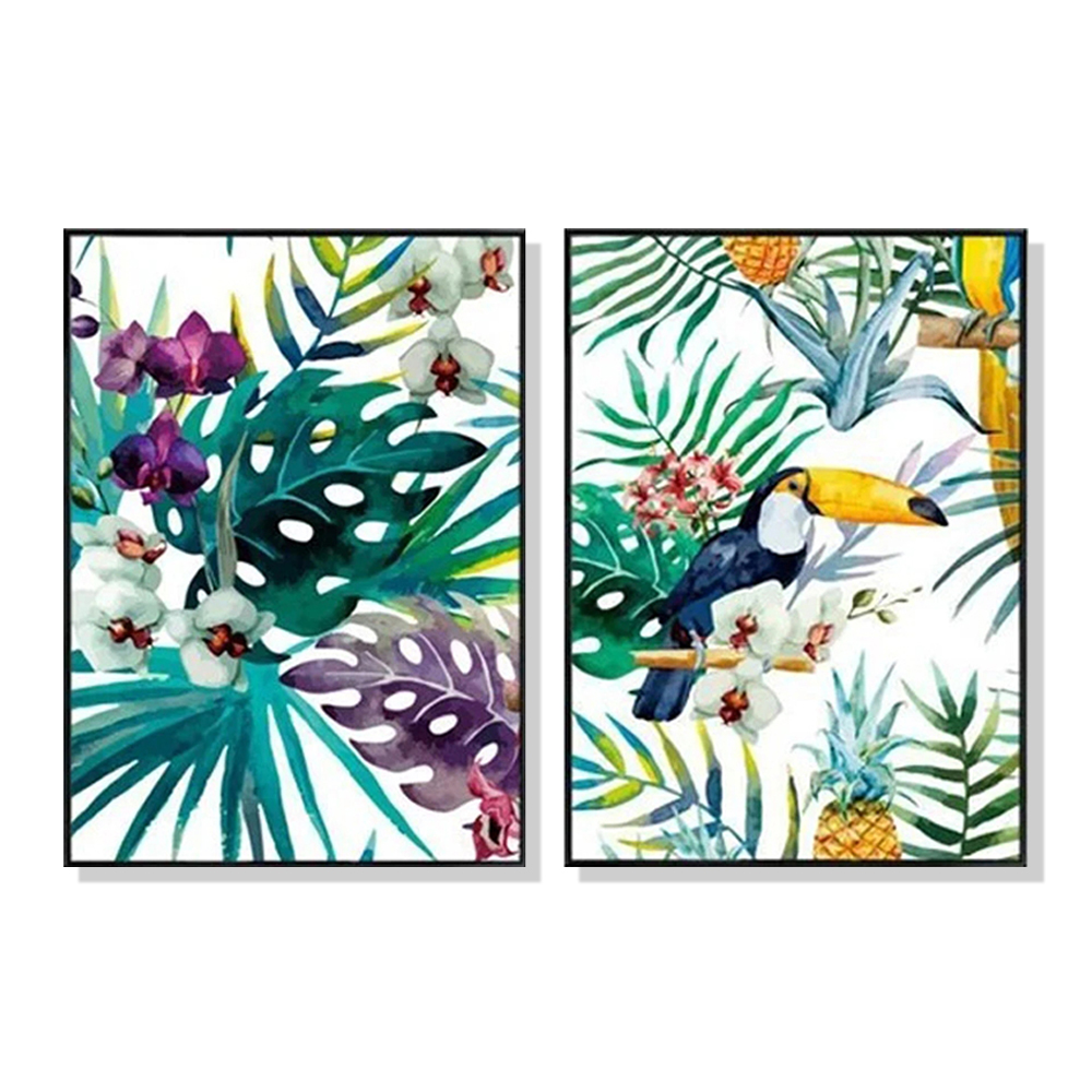 V207-16461-130730-00 Wall Art 40cmx60cm Toucan and orchid 2 Sets Black Frame Canvas - Image 1