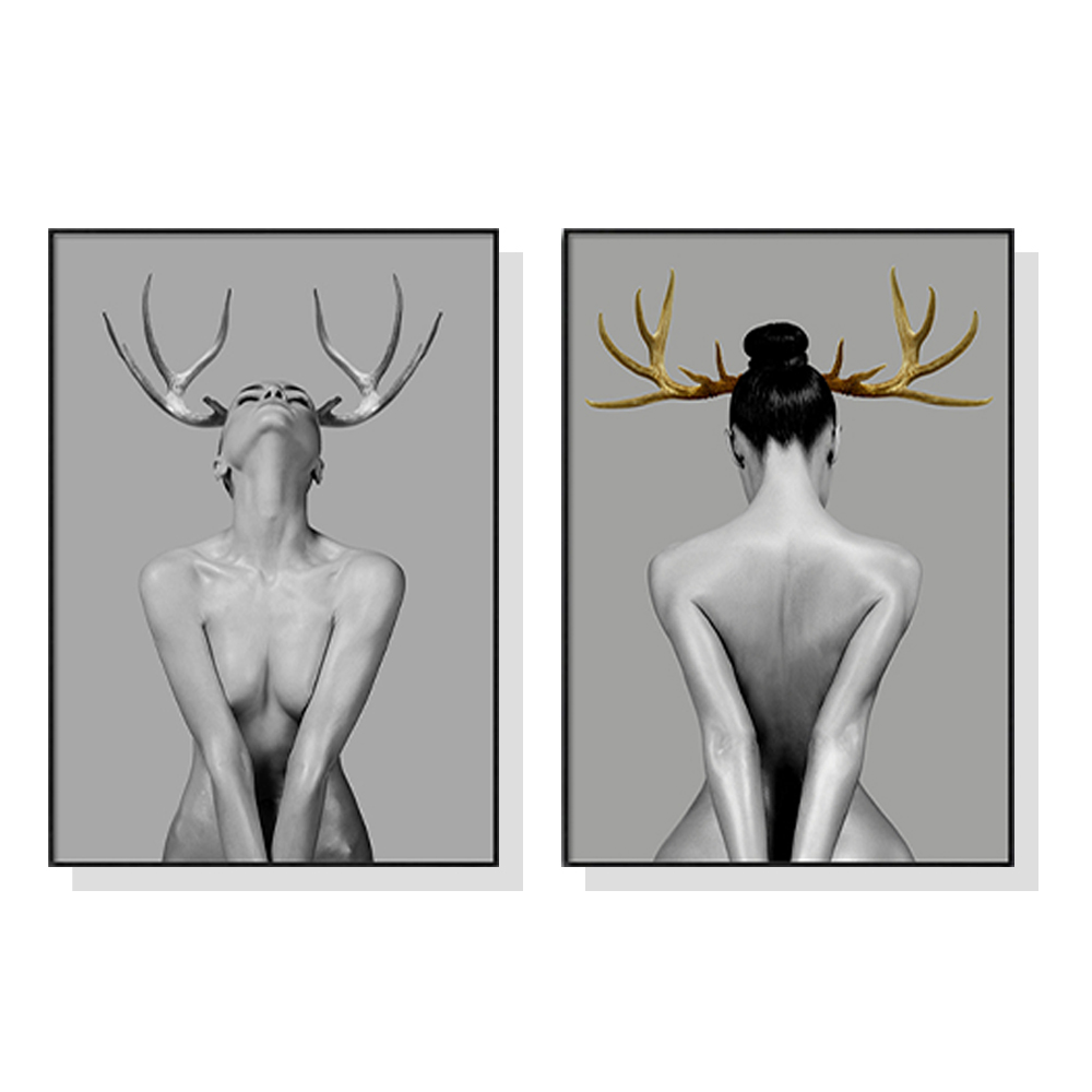 V207-1705-75050-00 Wall Art 60cmx90cm Girl With Gold Horn 2 Sets Black Frame Canvas - Image 1