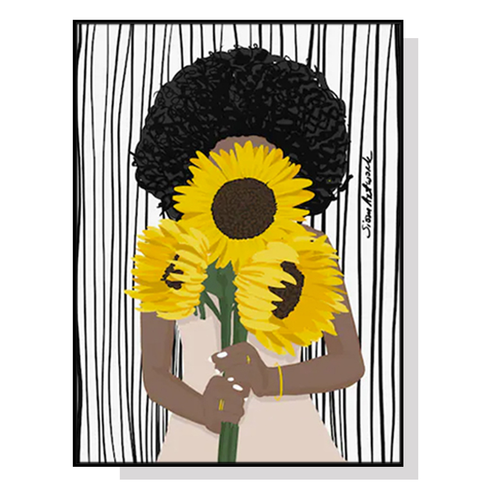 V207-17223-130877-00 Wall Art 100cmx150cm African Woman Sunflower Black Frame Canvas - Image 1