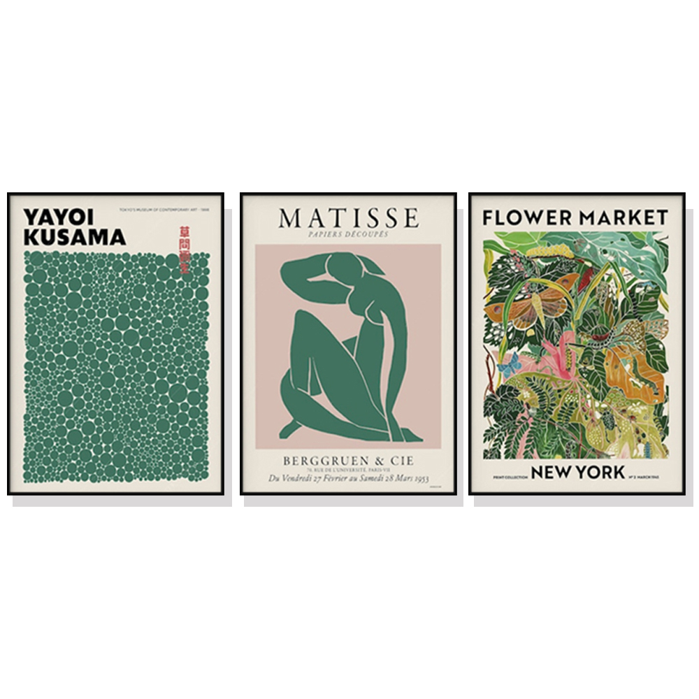 V207-17404-130866-00 Wall Art 100cmx150cm Flower Market, Matisse Print, Yayoi Kusama 3 Sets Black Frame Canvas - Image 1