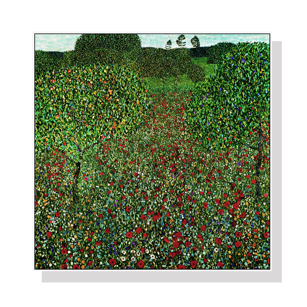 V207-1755-78743-00 Wall Art 60cmx60cm Field of Poppies by Gustav Klimt White Frame Canvas - Image 1