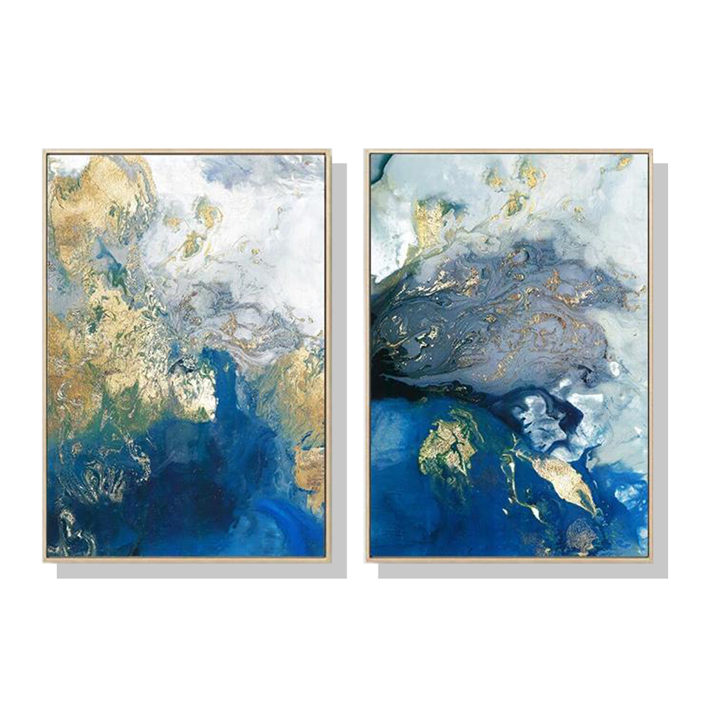 V207-1789-80474-00 Wall Art 50cmx70cm Marbled Blue And Gold 2 Sets Gold Frame Canvas - Image 1