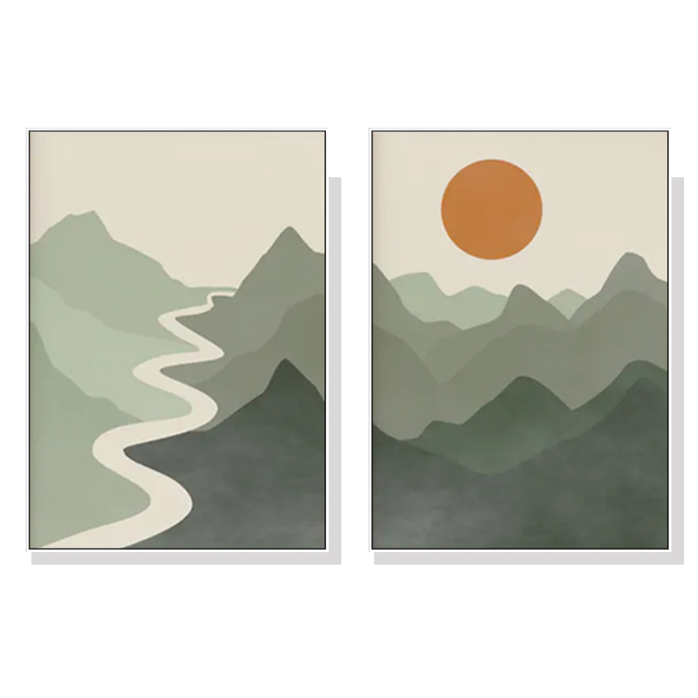 V207-1987-87511-00 Wall Art 70cmx100cm Sage Green River Mountain 2 Sets White Frame Canvas - Image 1