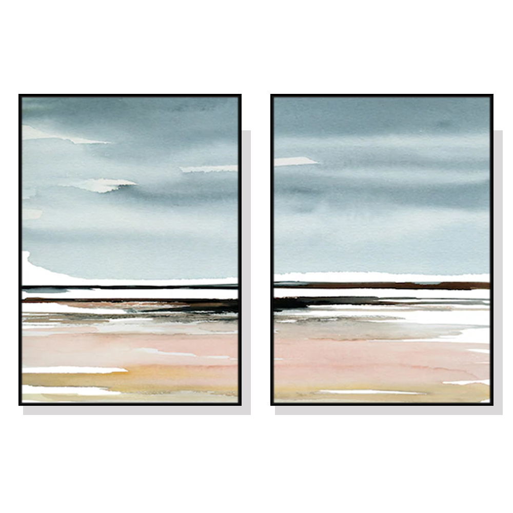 V207-20434-97612-00 Wall Art 100cmx150cm Pink Beach Landscape 2 Sets Black Frame Canvas - Image 1