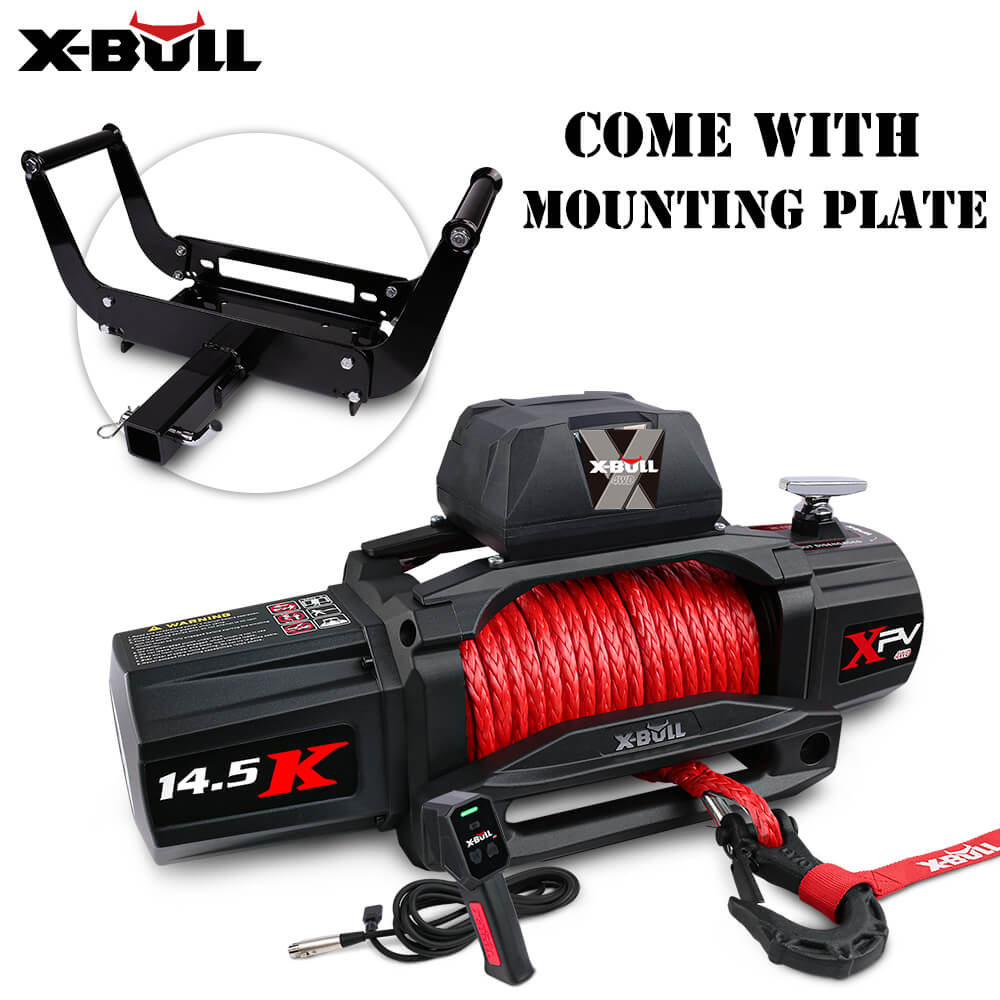 V211-AUEB-AXEW016WP009-89489-00 X-BULL 12V Electric Winch 14500LBS synthetic rope with winch mounting plate - Image 1