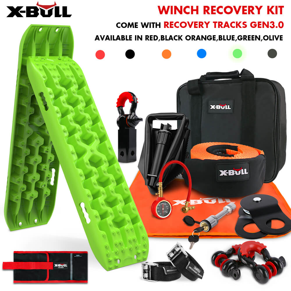 V211-AUEB-XBRK011RT017V-150065-00 X-BULL Winch Recovery Kit with Recovery Tracks Boards Gen 3.0 Snatch Strap Off Road 4WD Green - Image 1