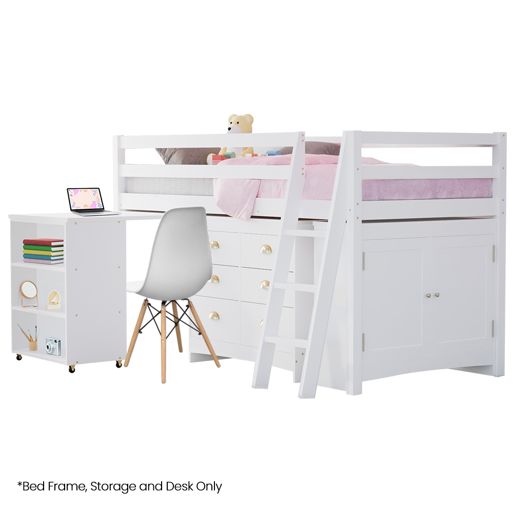 V219-BEDSBBKSL4WA-225560-00 KINGSTON SLUMBER Wooden Kids Single Loft Bed Frame with Pull Out Desk, Storage Drawers, Cabinet - White - Image 1