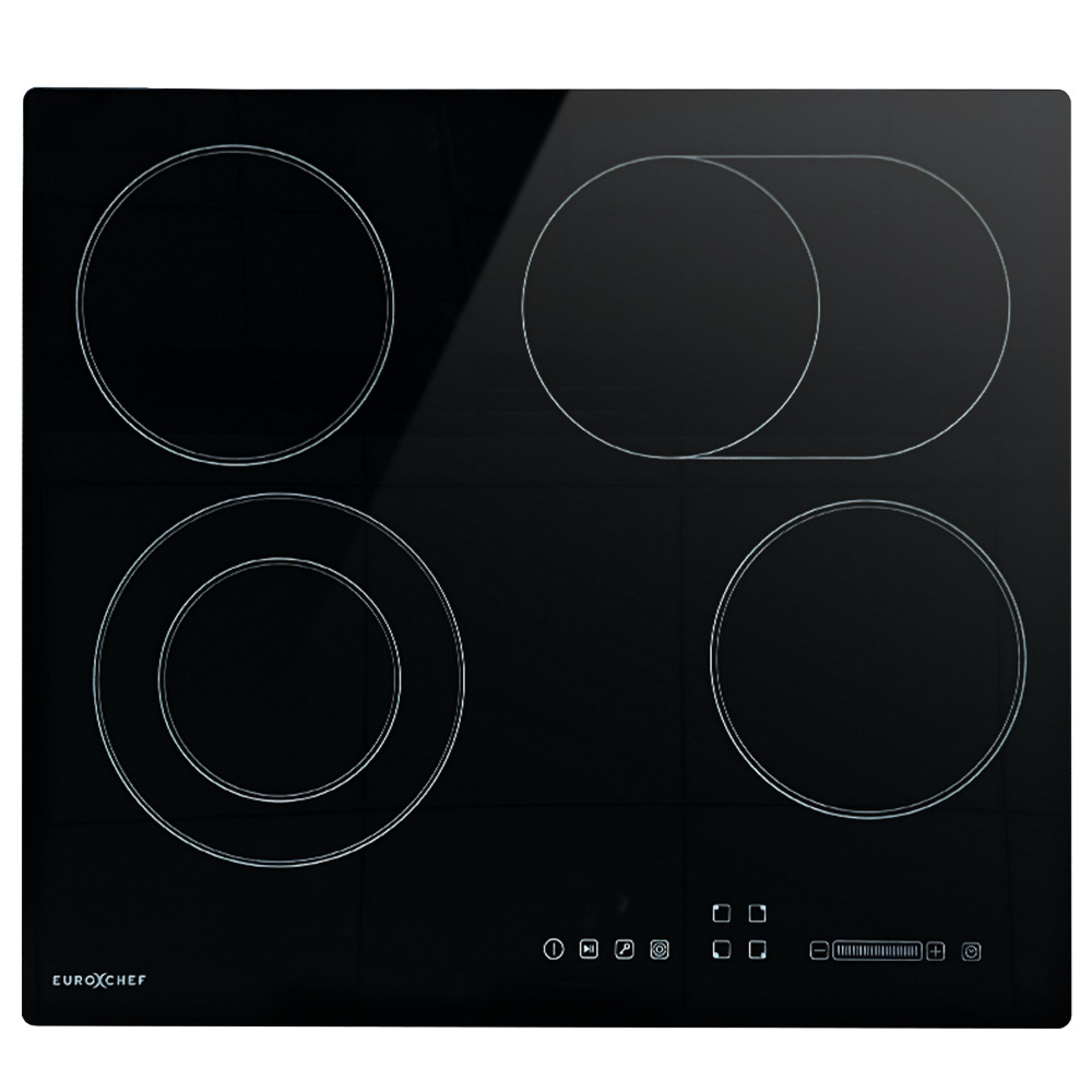 V219-COKCCTEC641A-202506241210-00 EuroChef 60cm 4 Zone Ceramic Cooktop, 6600W Electric, FlexiZone Adjustable Size Hobs, Touch Controls - Image 1