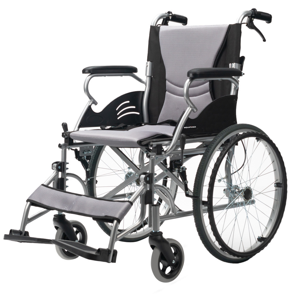 V219-HECWLCEQB2GY-225342-00 EQUIPMED Folding Aluminium Wheelchair, 20" Wheels, Park Brakes, 100kg Capacity, Grey/Black - Image 1