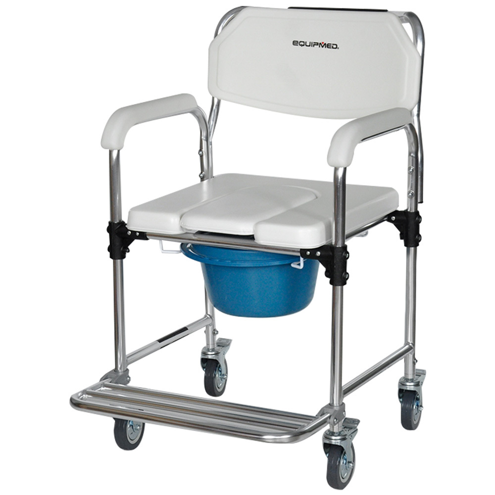 V219-HELSBSEQCC4A-225358-00 Equipmed Commode Shower Chair, Over Toilet or Bedside 136kg Capacity Aluminium frame with Wheels, White/Blue - Image 1