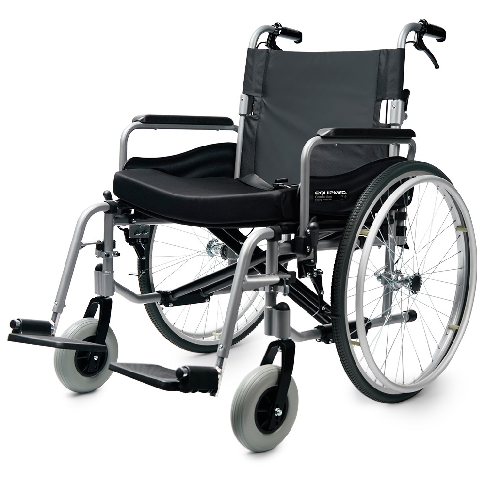 V219-HELWLCEQW31A-74103-00 EQUIPMED Extra-Wide Folding Wheelchair, Aluminium Frame, 150kg Capacity, 24 Inch Wheels, Park Brakes, Black - Image 1