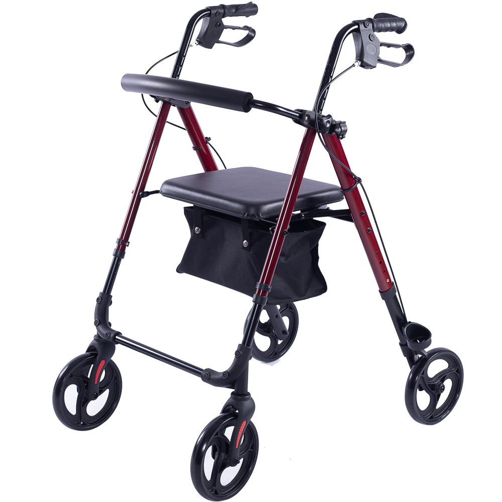 V219-HELWLKEQ95RB-74105-00 EQUIPMED 4 Wheel Lightweight Rollator Walker, Aluminium Frame, Seat, Carry Bag, for Seniors, Red - Image 1