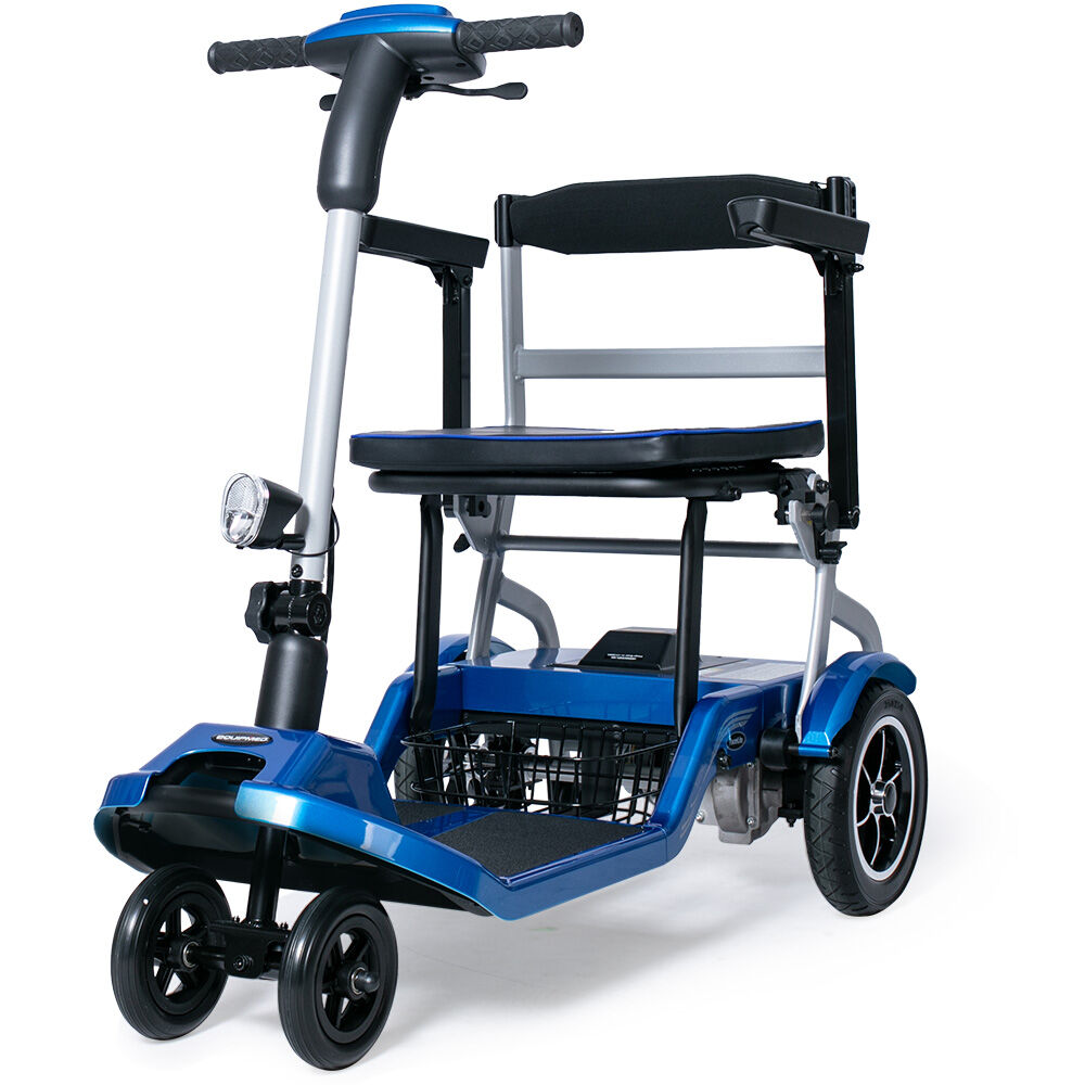 V219-HMBMSCEQPL1BA-225490-00 EQUIPMED Ultra-Lightweight Folding Electric Mobility Scooter, 19kg with Battery Removed, 120kg Capacity, Long Range, Brushless Motor, Portable, Blue - Image 1