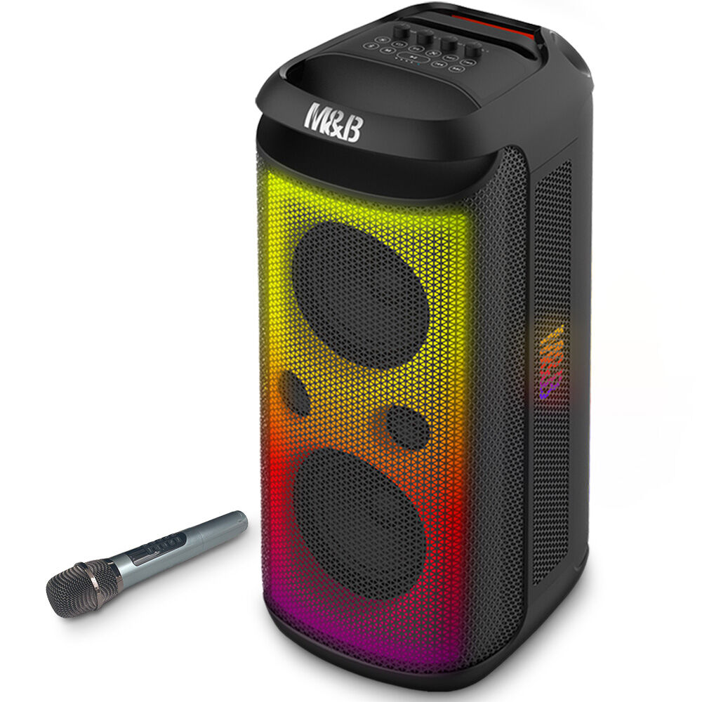 V219-PESSPROVS62A-225570-00 M&B Portable Splash Proof 120W Bluetooth Party Speaker with Karaoke Microphone, IPX4, TWS Pairing, Multi-Input, Lithium Battery, RGB, USB Charging - Image 1