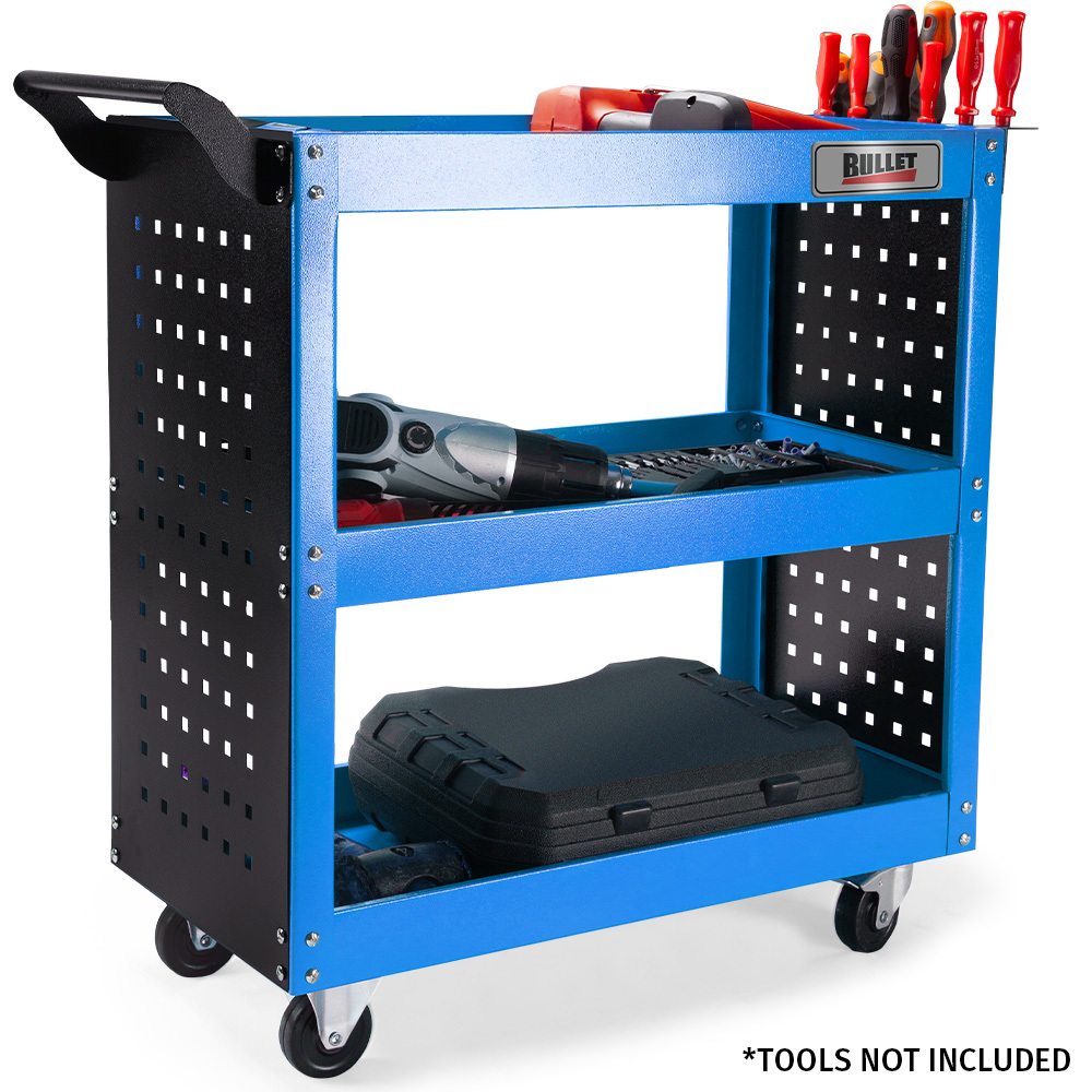 V219-STRTCTBU2BLA-202505071543-00 Bullet 3-Tier Steel Tool Trolley Cart, for Workshop, Mechanic, with Pegboard, Screwdriver Bay, Blue - Image 1