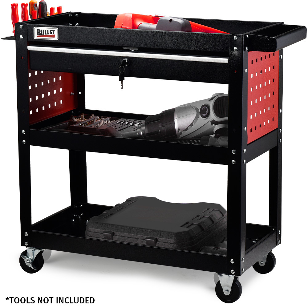V219-STRTCTBU3BKA-202505071543-00 Bullet 3-Tier Steel Tool Trolley Cart, for Workshop, Mechanic, with Drawer, Pegboard, Screwdriver Bay, Black/Red - Image 1