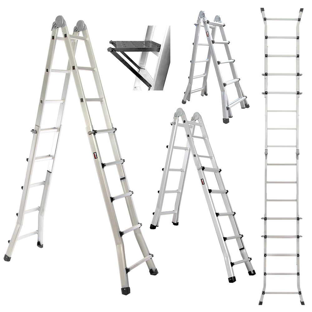 V219-TOLLDABU51AA-225320-00 Bullet 5.1m Folding Aluminium Multipurpose Ladder, w/ Workshelf Platform, Spring Assisted Rapid Safety Lock Adjusters - Image 1