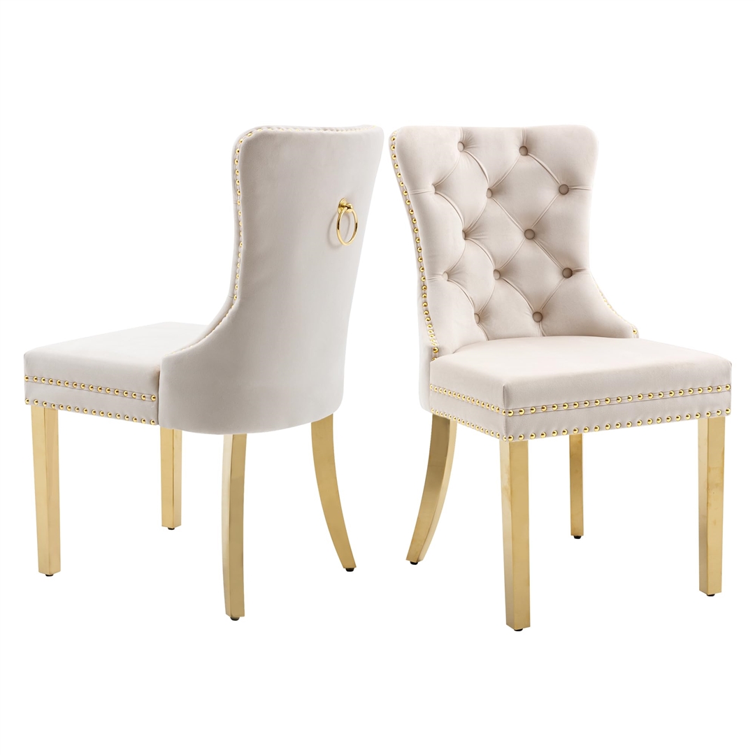 Version 1.0.0 AADEN 2x Velvet Dining Chairs with Golden Metal Legs-Beige - Image 1