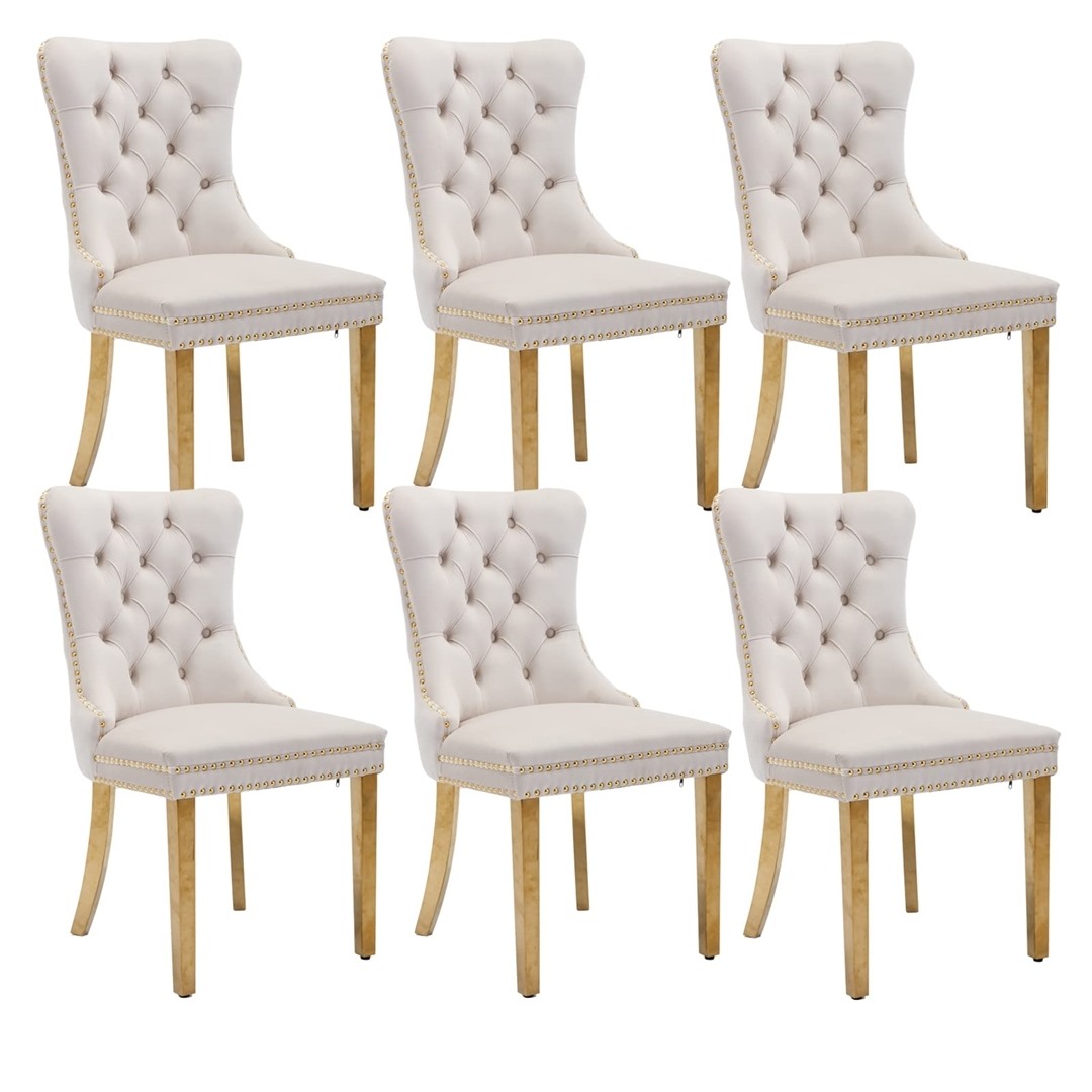 V226-SW1501BG-3-189391-00 AADEN 6x Velvet Dining Chairs with Golden Metal Legs-Beige - Image 1